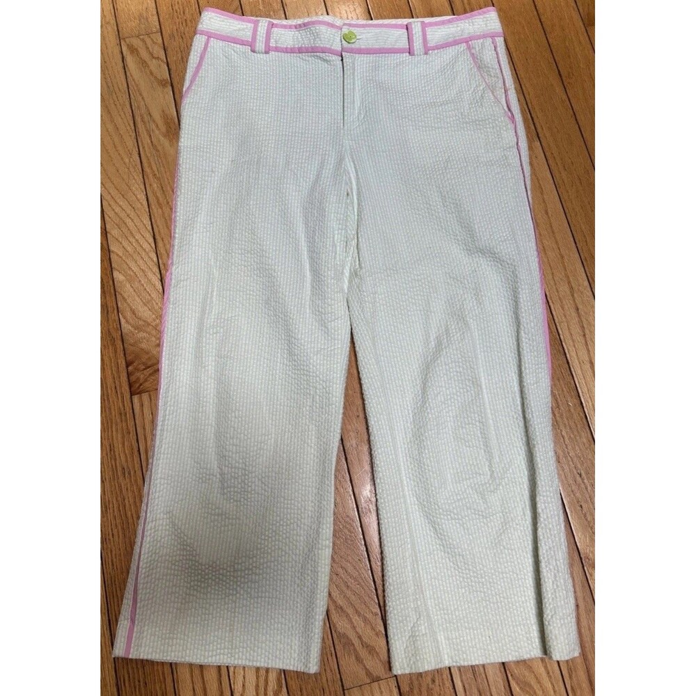 Lilly Pulitzer Pink Green White Seersucker Cropped Main Line Fit Pants Size 6